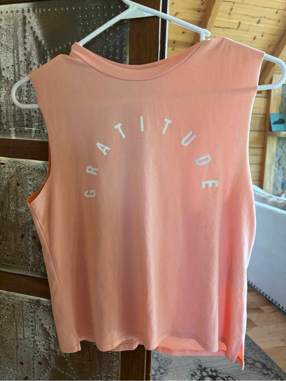 Peach Muscle Yoga Tank with White 'GRATITUDE' Graphic